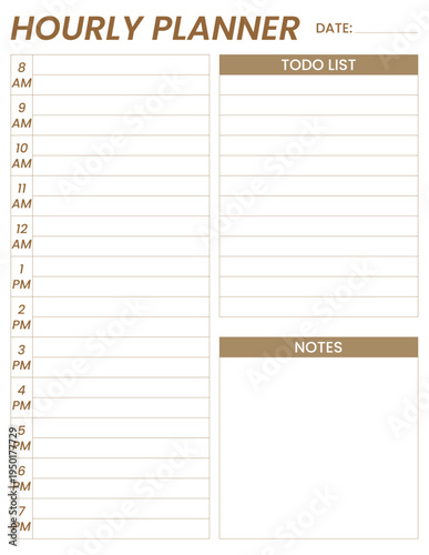 Hourly planner template, daily schedule with to do list and notes, minimalist business organizer