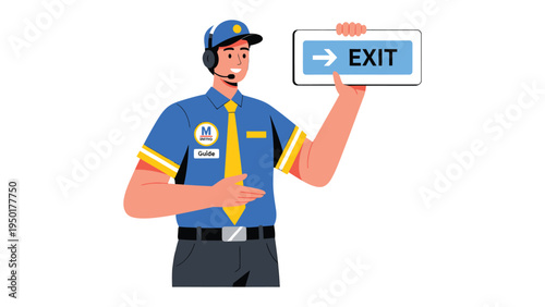 Emergency Exit Guidance: An airport employee points the way to safety, holding up an EXIT sign, providing essential guidance for travelers.  