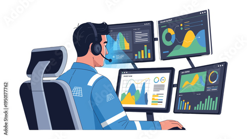 Digital Data Analyst: A focused analyst intently monitors data streams and visualisations across multiple monitors, in a dynamic and modern workspace. 