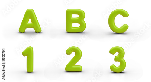 Set of first numbers and letters of English alphabet. Green isolated elements on white background. Templates for text and mathematical concepts, advertising educational compositions