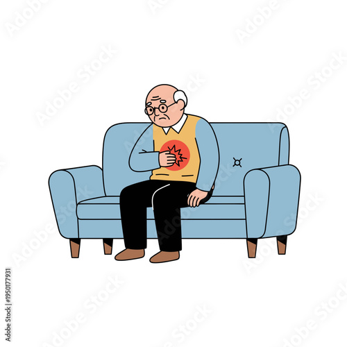 Senior Man Experiencing Chest Pain on Sofa