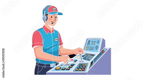 Control Room Operator: A focused operator, wearing a headset, meticulously manages the control panel in a modern control room. Highlighting precision, control, and technological advancement.