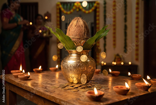 indian Akshaya Tritiya kalash filled with gold coins symbolizing prosperity