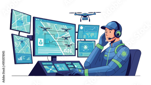 Drone Operator at Work: A professional drone operator monitors a fleet of unmanned aerial vehicles, utilizing advanced technology and data analytics to ensure safe and efficient operation. 