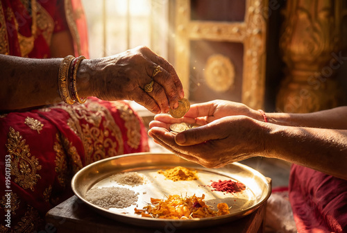close up of sacred Hindu ritual by giving coins during a puja ceremony