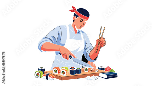 Sushi Chef at Work: A skilled sushi chef expertly prepares a colorful array of sushi rolls, utilizing precision and artistry in the creation of these Japanese culinary delights.