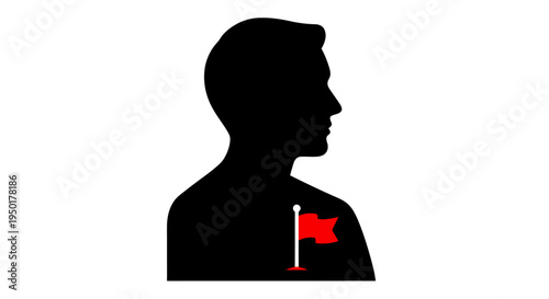 A black silhouette of a man with a small red flag on his shoulder.