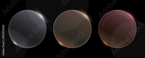 Three glass transparent frames in silver, gold and bronze variations.  Vector design elements and round backgrounds.