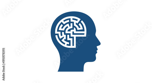 A blue silhouette of a human head with a maze inside the brain.