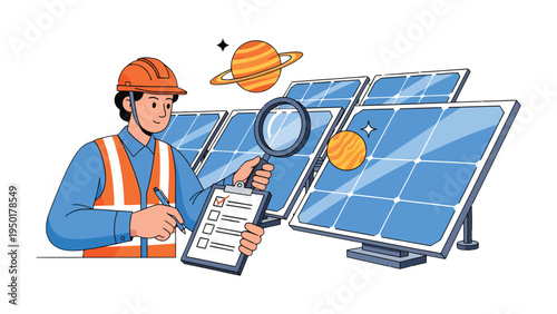 Solar Panel Inspector: An illustrated inspector examines solar panels, emphasizing the importance of sustainable energy and technological advancement.