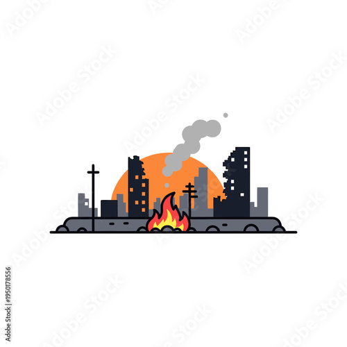 City Ruins with Fire Flat Design