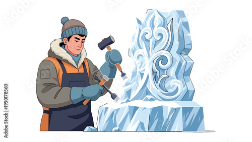 Crafting Cold Beauty: An artisan, sculpting intricate details into a block of ice, turning a frozen form into a beautiful work of art. 