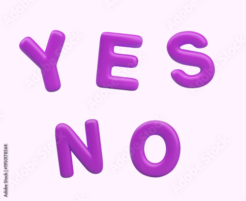 Purple letters YES and NO in 3D style. Set of affirmative and negative answers. Vector templates for selecting options. Elements for survey, communication, testing concepts