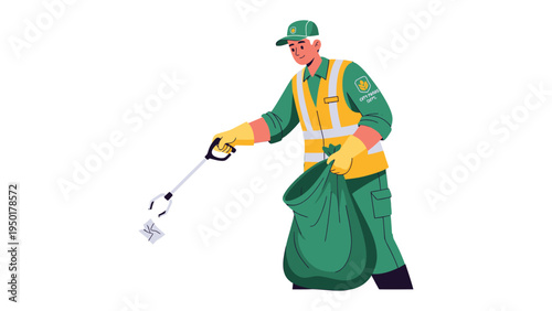 Community Care: An illustration of a dedicated worker diligently collecting litter, symbolizing commitment to a cleaner environment.