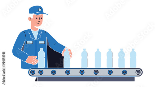 Factory Automation: A diligent worker in a factory setting carefully places a pristine water bottle onto a conveyor belt. The image speaks to industry, precision.