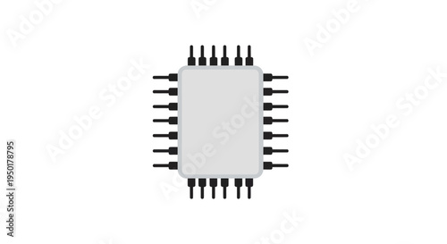 A microchip with multiple pins on a white background.