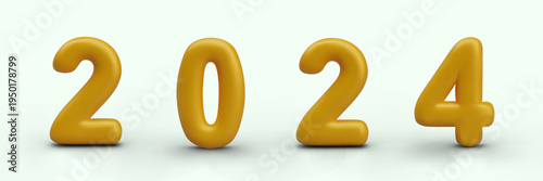 2024 concept in golden style. Vector poster for greeting, announcement, labeling. Color date template. Festive composition on green background. Current, past year