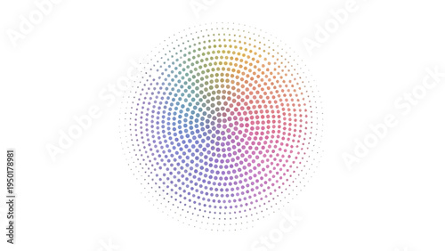 Abstract radial gradient of colorful dots forming a circular pattern on white background