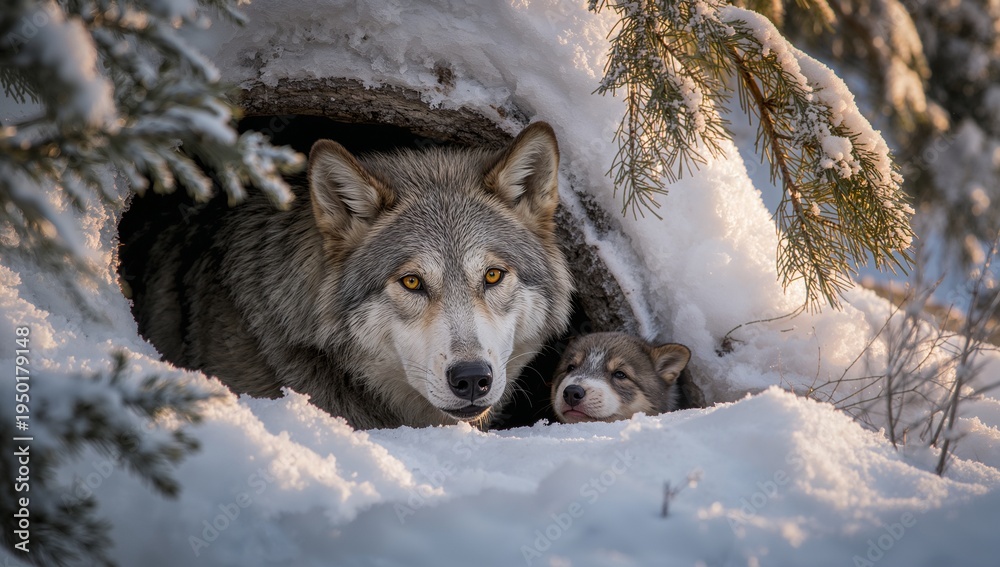 Obraz premium Resting adult grey wolf with pup watching from log den entrance on snow, evergreen branches