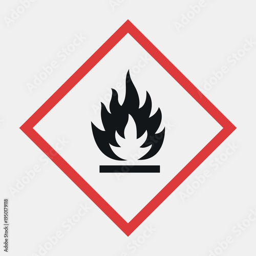 Ghs flammable hazard symbol. Flammable liquid warning sign icon. Fire hazard pictogram red diamond frame