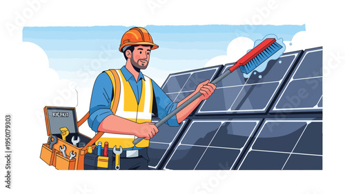 Solar Panel Cleaning: A diligent worker wearing a hard hat, meticulously cleans solar panels with a large brush.