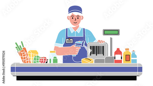 Supermarket Cashier: An illustrated supermarket cashier stands behind the counter, holding a barcode scanner ready to assist shoppers. The scene embodies customer service and commerce.