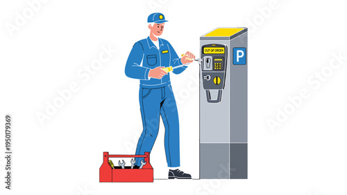 Parking Meter Technician at Work: An expert technician diligently works on a parking meter, symbolizing the essential maintenance and upkeep of urban infrastructure.