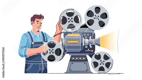 Retro Filmmaker at Work: A filmmaker is working on the vintage movie camera, meticulously preparing for the next shot.