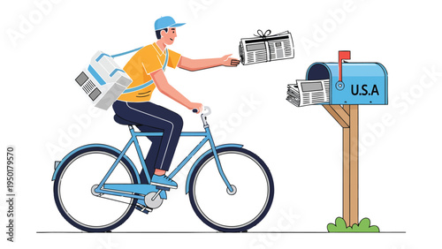 News Delivery by Bike: An enthusiastic individual in uniform delivers the day's headlines, cycling swiftly through the neighborhood with efficiency and dedication.