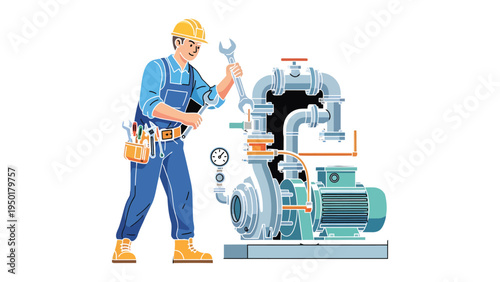 Precision Engineering: A skilled technician, clad in work attire and protective headgear, diligently repairs intricate industrial machinery using a wrench.
