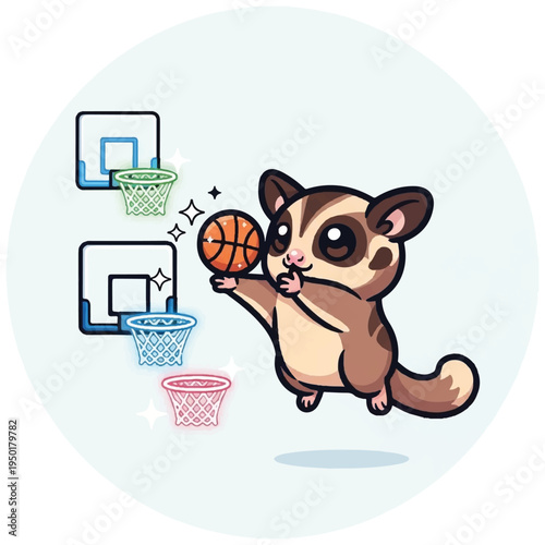 A cartoon sugar glider throwing a basketball into multiple hoops with sparkles, set against a light blue background. Perfect for kids' sports, educational games, and children's books.