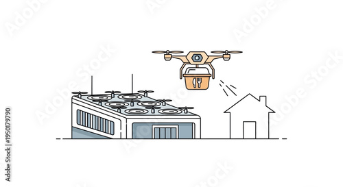 Drone delivering package to a house.