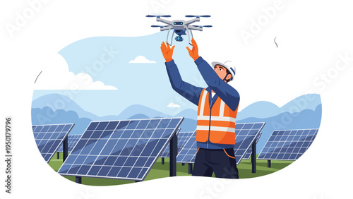 Solar Panel Inspection: A skilled technician, equipped with a drone, meticulously inspects a field of solar panels.