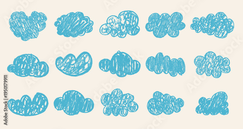 Set of children's blue clouds drawn with crayons. Kids pastel pencil drawings and sketch elements. Textured icons isolated on a light sky background. Hand-drawn various cloud shapes. doodle style.