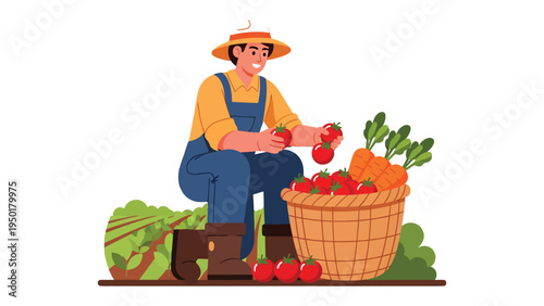 Farmer Harvesting Tomato: An illustration of a farmer picking ripe tomatoes and placing them in a woven basket amidst other fresh produce. 