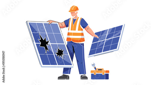 Solar Panel Technician: A skilled technician diligently inspects damaged solar panels, highlighting the critical role of maintenance and the promise of sustainable energy solutions.