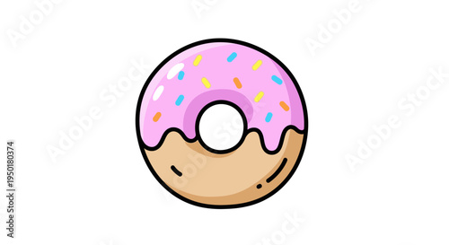 A cartoon donut with pink frosting and sprinkles.