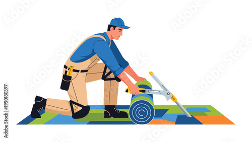 Carpet Installer at Work: A skilled professional, kneels, expertly installing a vibrant, patterned carpet with precision and dedication. 