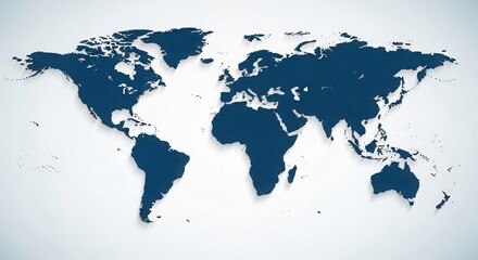 A blue map of the world on a white background with a slight grey gradient. the continents are shown in a dark blue color. the map is centered and takes up most of the image.