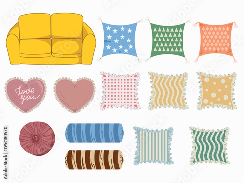 Collection of colorful decorative pillows and cushions isolated on a white background.