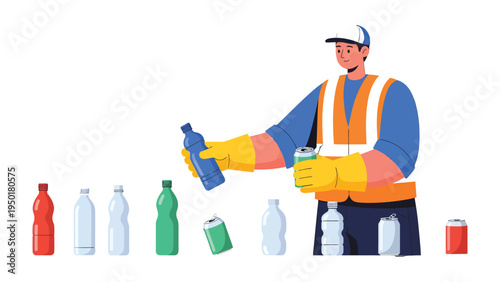 Recycling Action: A dedicated waste worker meticulously sorts recyclable materials, championing environmental responsibility.