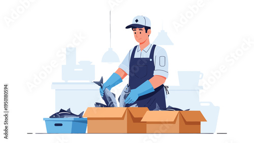 Fisherman with Catch: A hardworking fisherman carefully sorts fresh fish, preparing them for transport in cardboard boxes, reflecting the dedication to quality and supply chain.