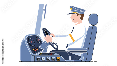 Bus Driver at the Wheel: An illustration of a bus driver in uniform, skillfully maneuvering the vehicle, his focus set on the journey ahead, embodying the essence of safe and reliable transport. 