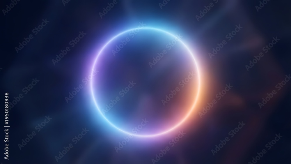 Obraz premium Vibrant neon ring with gradient colors glowing against a dark smoky cosmic background