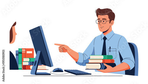 The Librarian: a librarian is carefully reviewing on the screen while holding many books, creating a serene and intellectually stimulating workspace.