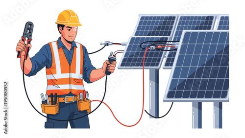 Solar Panel Technician at Work: An electrician meticulously connects and maintains solar panels, highlighting the crucial role of renewable energy technology.