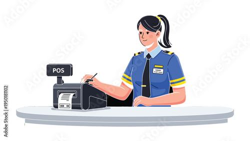 Cashier at work: An illustration capturing a cashier, with a friendly expression, diligently operates a point-of-sale system, highlighting the efficiency and focus on a streamlined transaction.