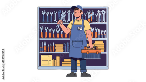 Handyman's Toolbox: A skilled handyman, ready for any task, stands confidently before a meticulously organized tool shelf, holding a wrench and toolbox.