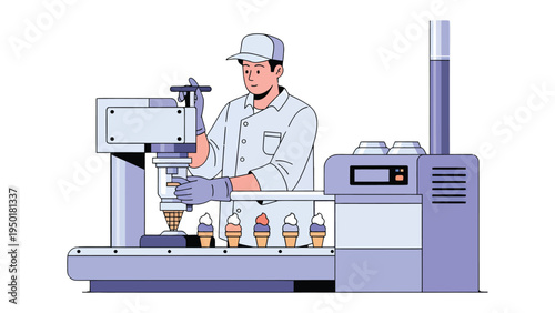 Ice Cream Production: An illustration of a worker diligently operating an automated ice cream filling machine, ensuring each cone receives a perfect swirl of deliciousness. 