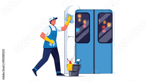 Cleanliness in Transit: A diligent cleaner sanitizes a train carriage with meticulous care, symbolizing the importance of hygiene and public health within the transport system.